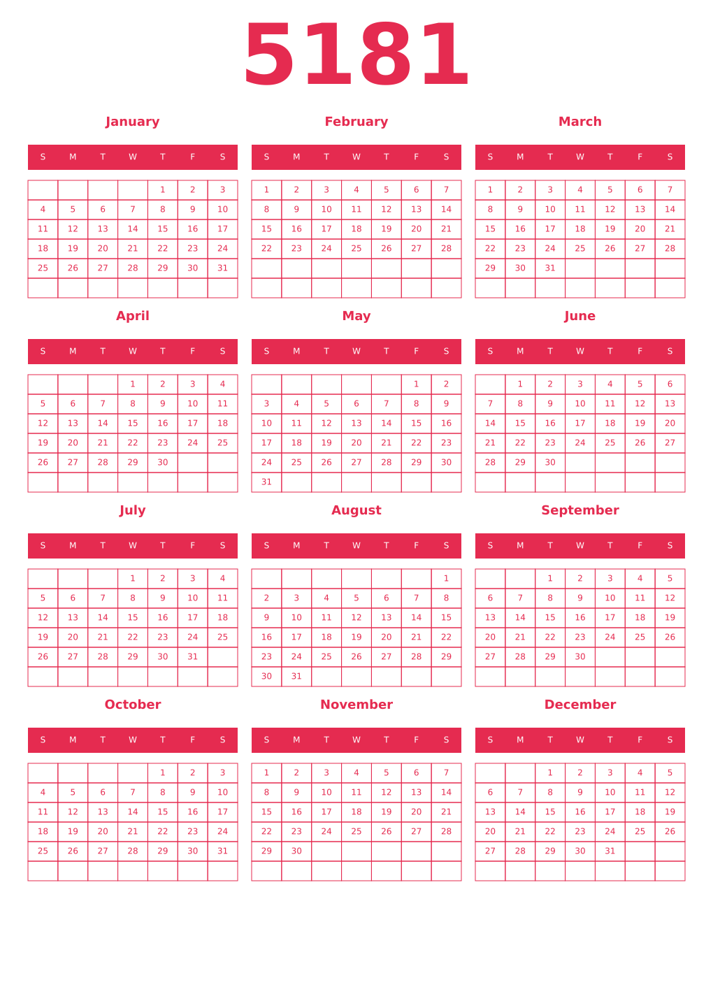 Printable 5181 Year Calendars amaranth