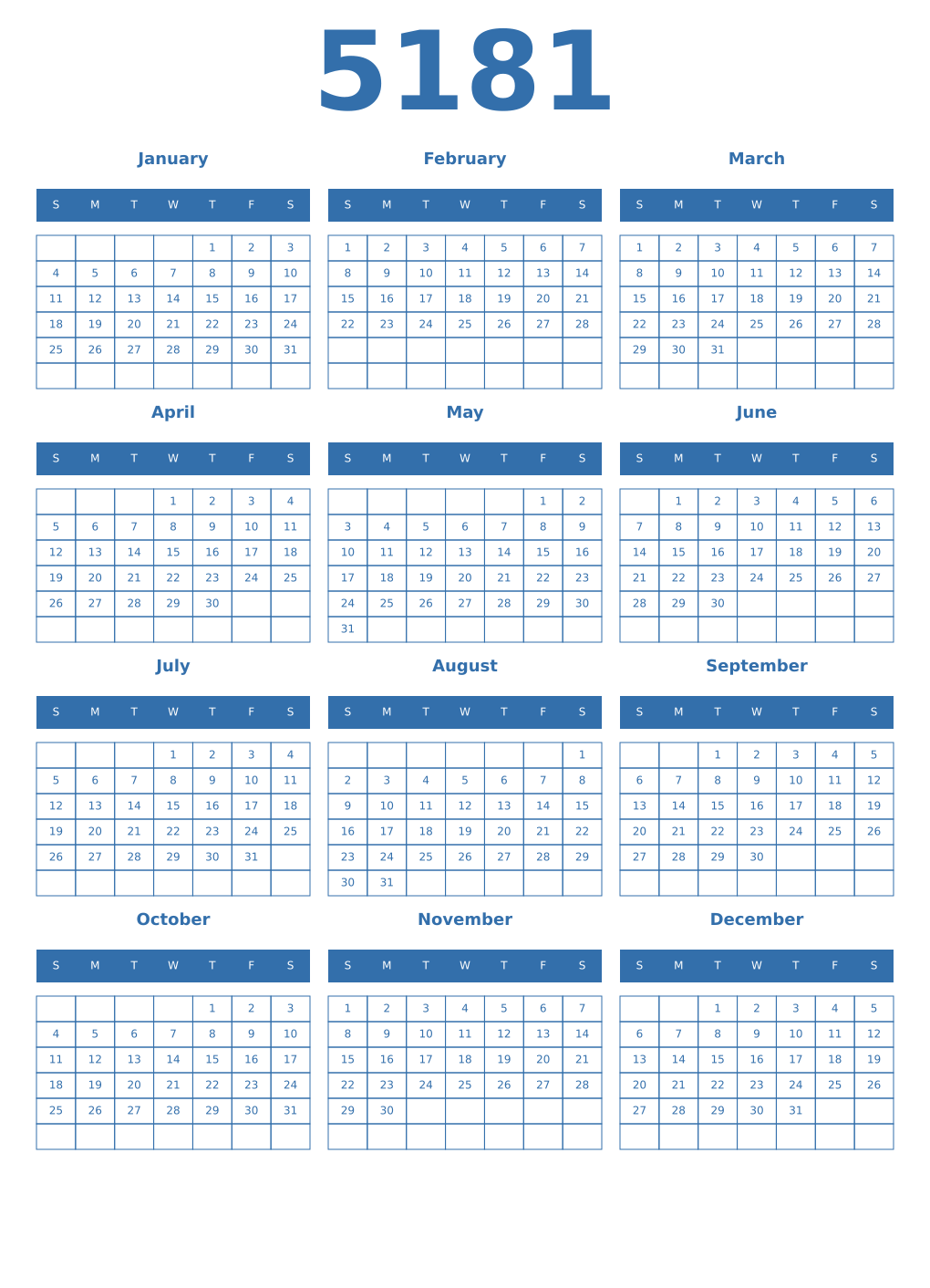 Printable 5181 Year Calendars blue