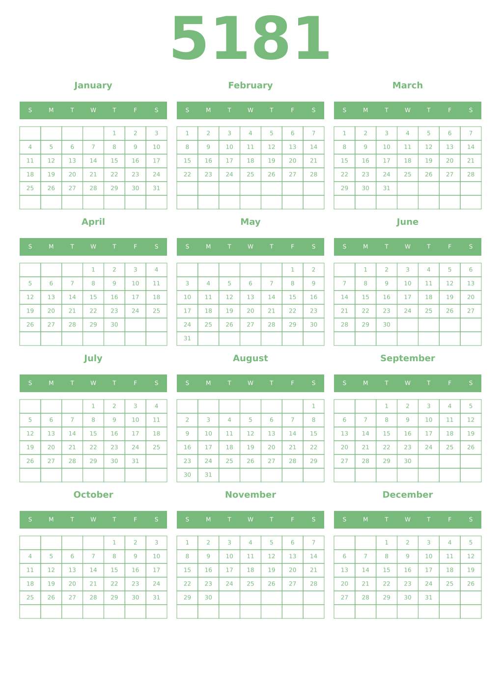 Printable 5181 Year Calendars celadon