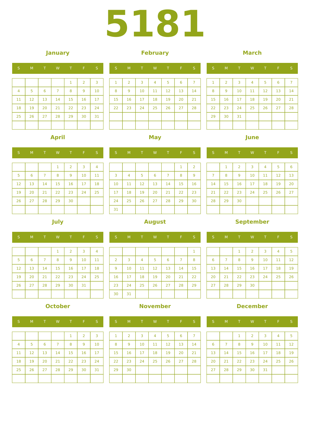 Printable 5181 Year Calendars chartreuse