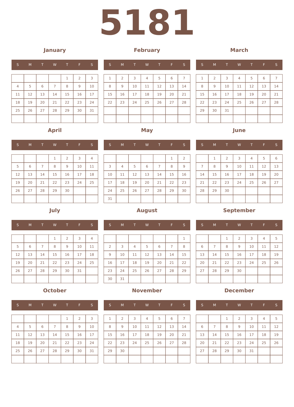 Printable 5181 Year Calendars coffe