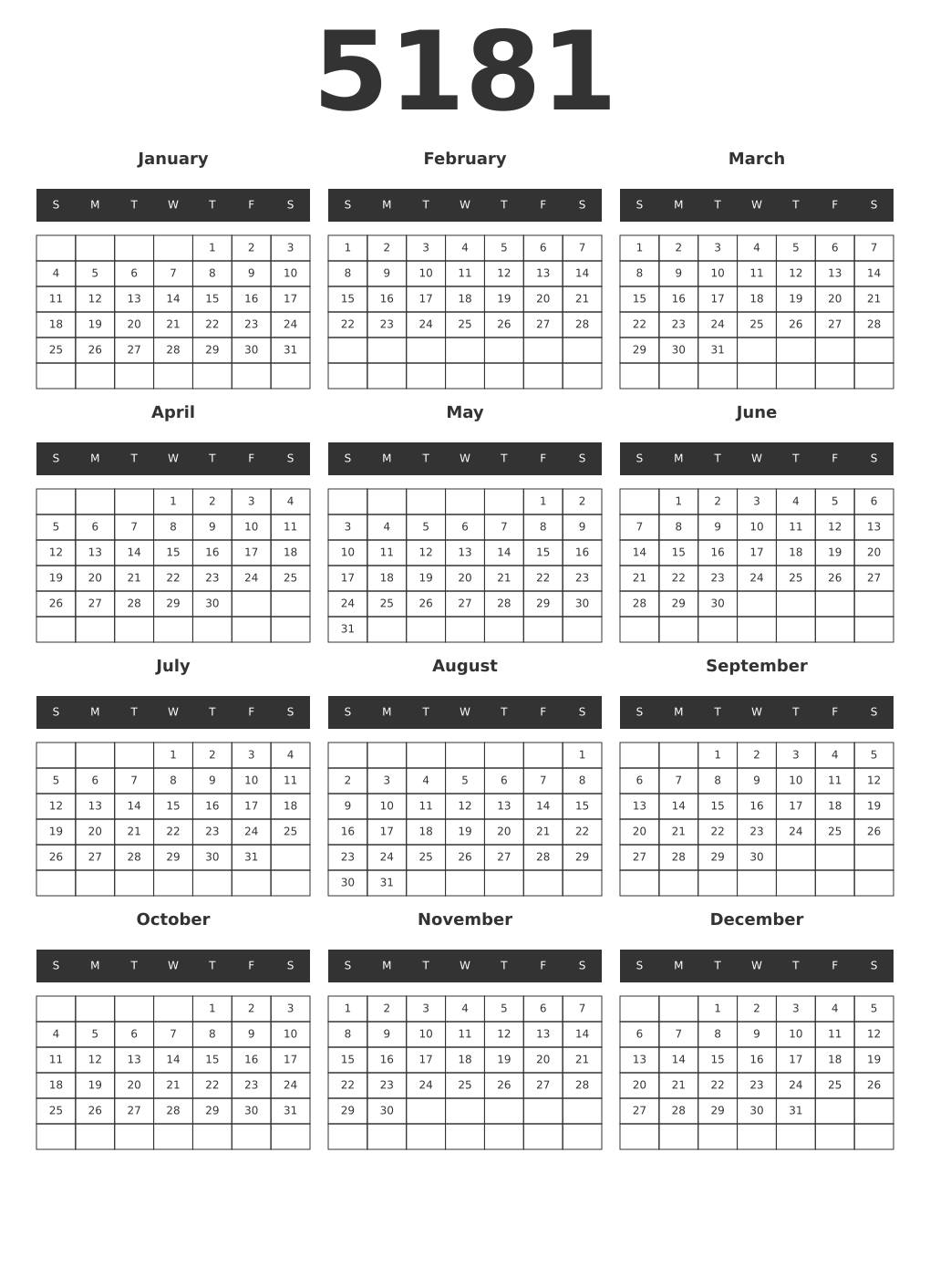 Printable 5181 Year Calendars dark