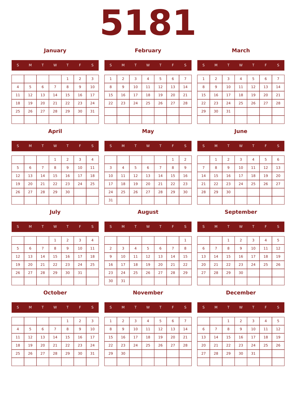 Printable 5181 Year Calendars falu