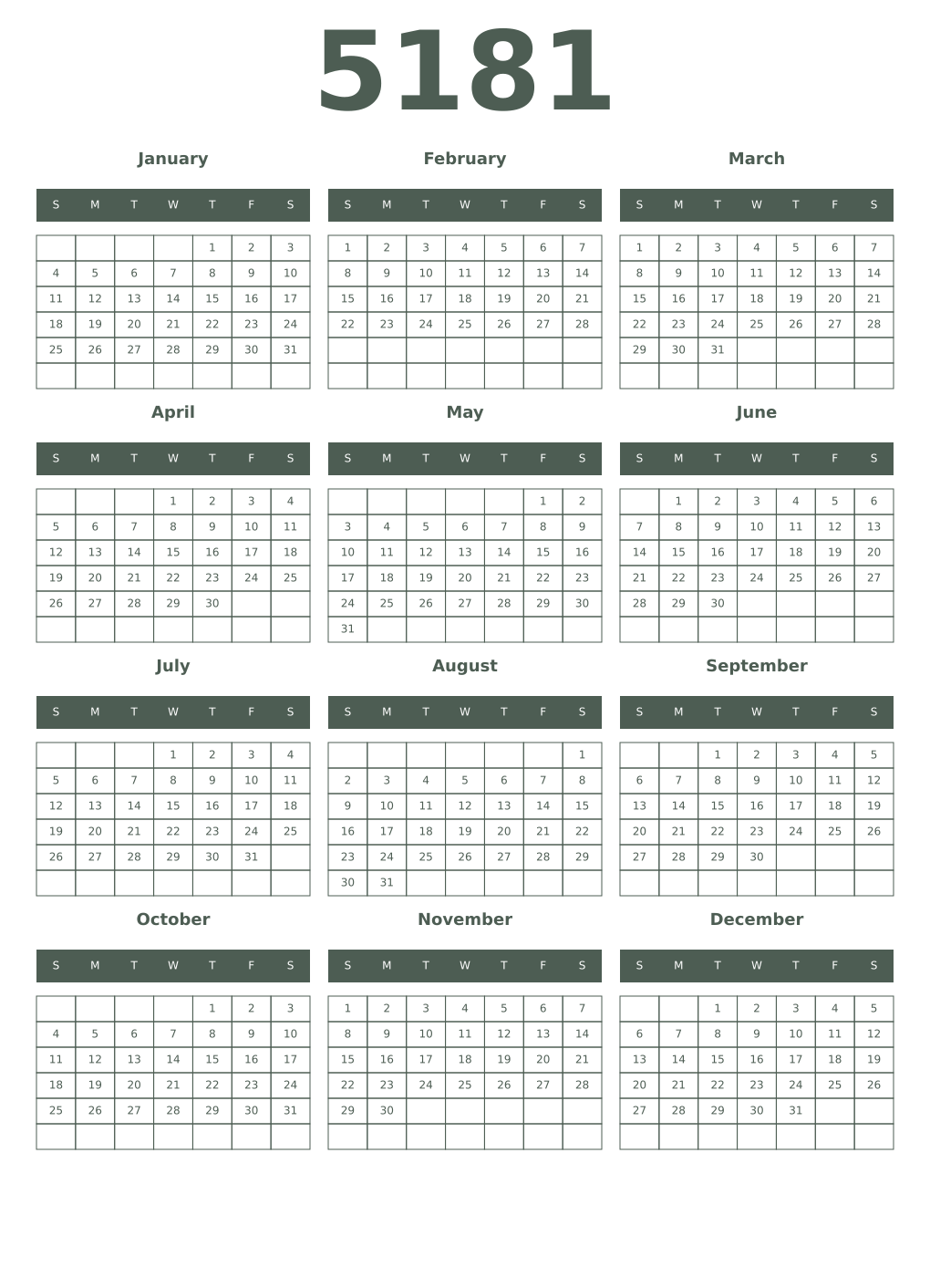 Printable 5181 Year Calendars feldgrau