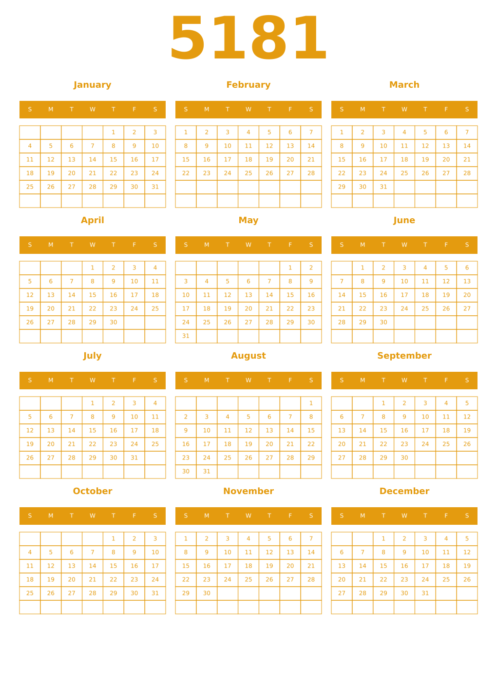 Printable 5181 Year Calendars gamboge