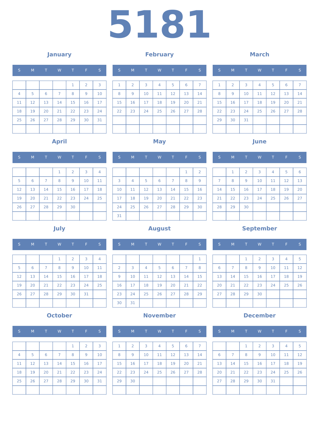 Printable 5181 Year Calendars glaucous