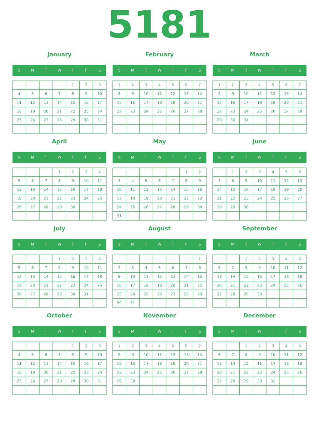 Printable 5181 Year Calendars green