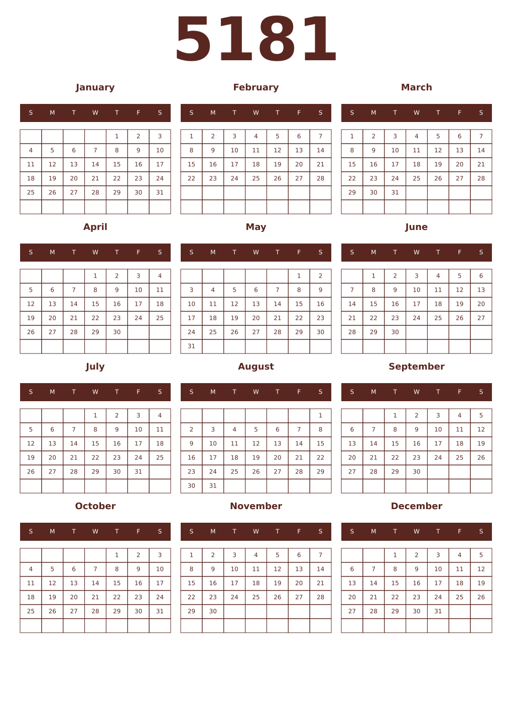 Printable 5181 Year Calendars mortuum