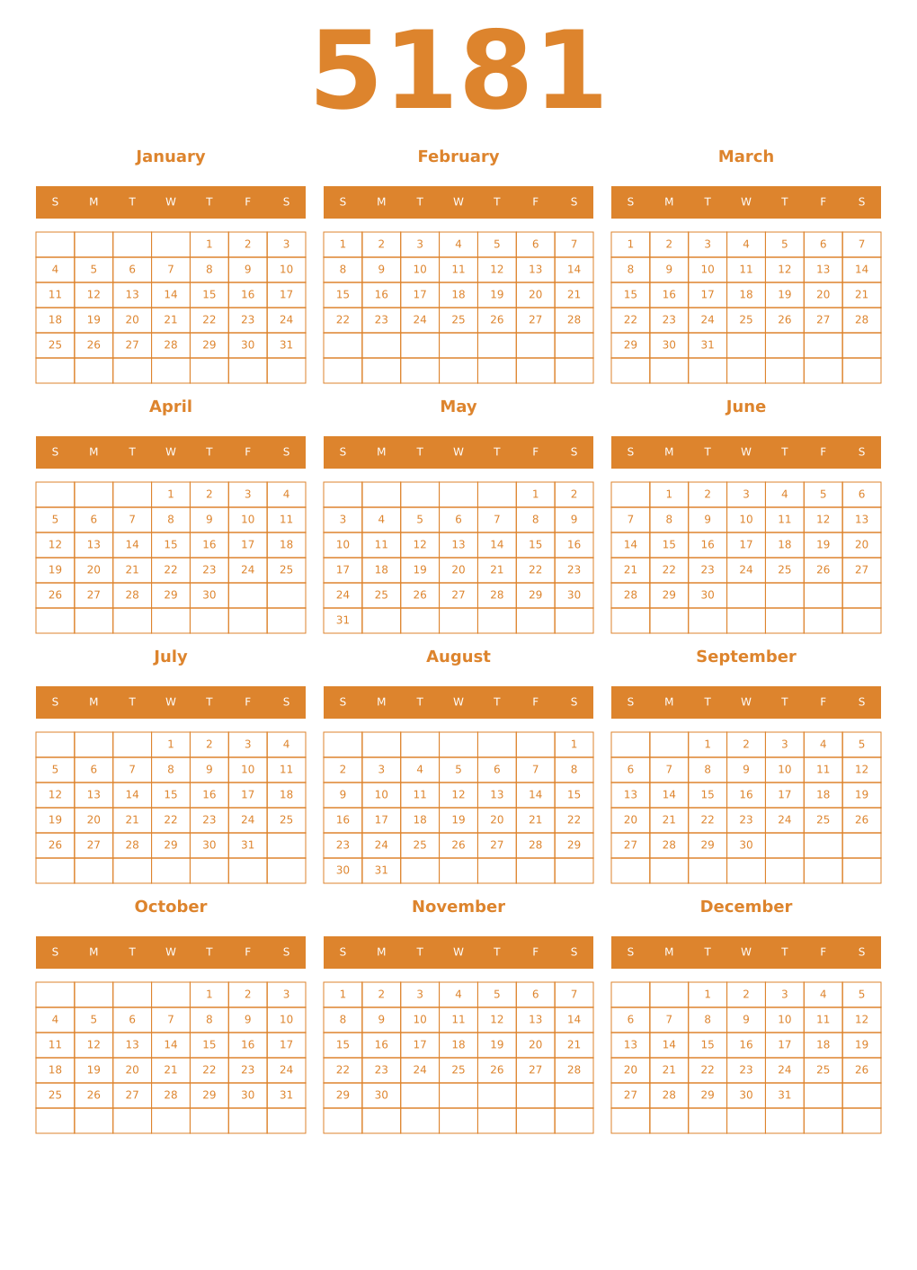 Printable 5181 Year Calendars orange