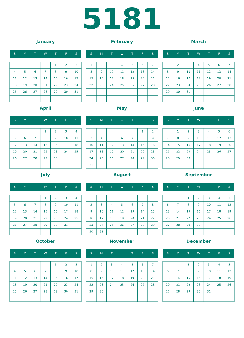 Printable 5181 Year Calendars pastel