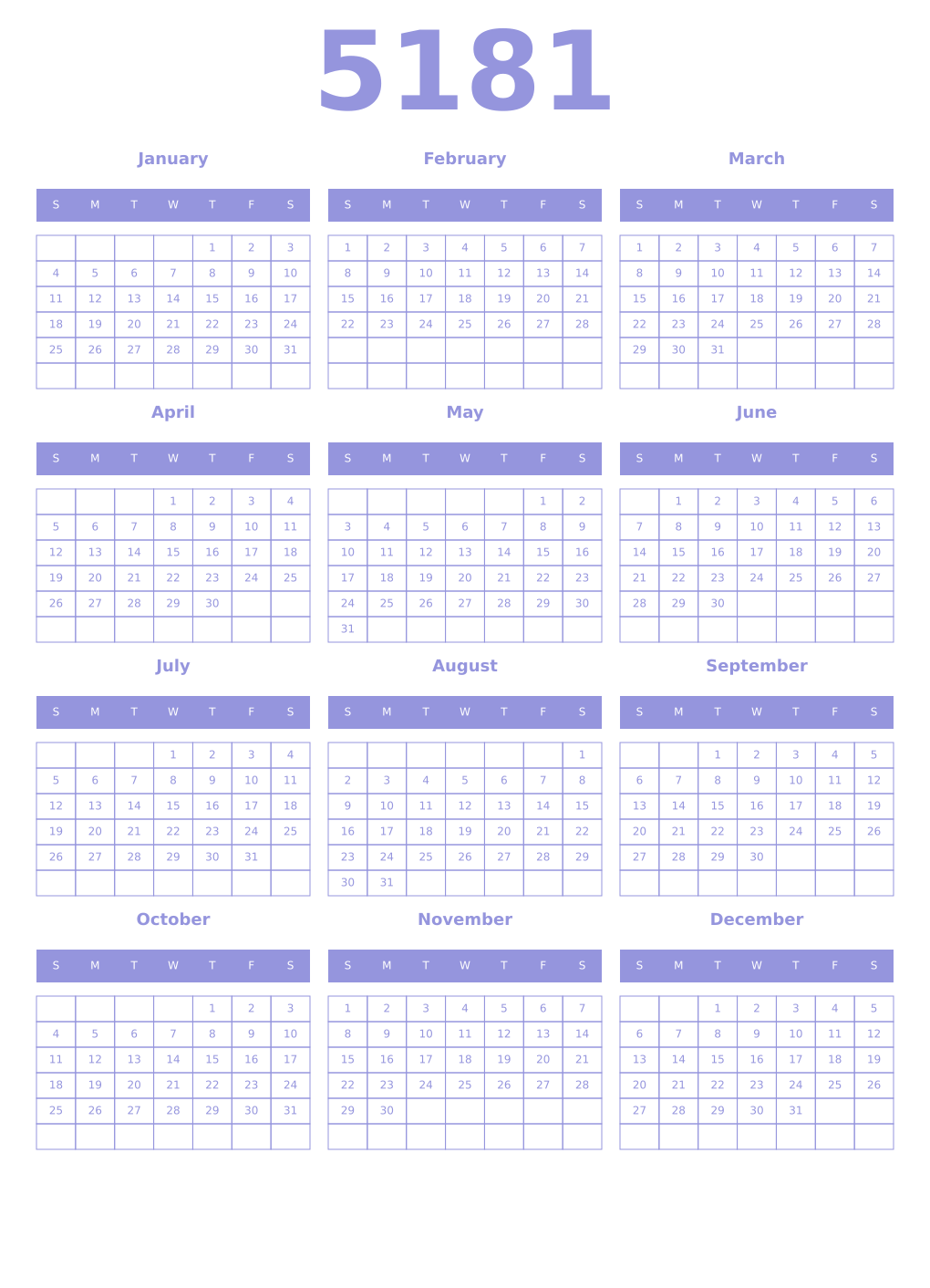 Printable 5181 Year Calendars periwinkle