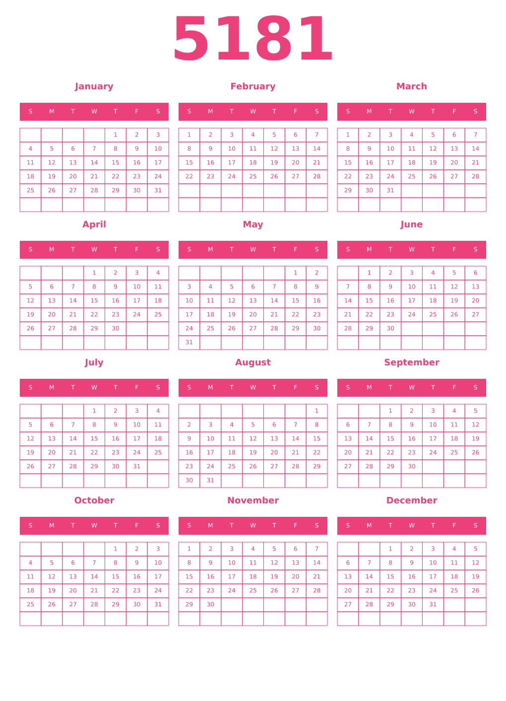 Printable 5181 Year Calendars pink