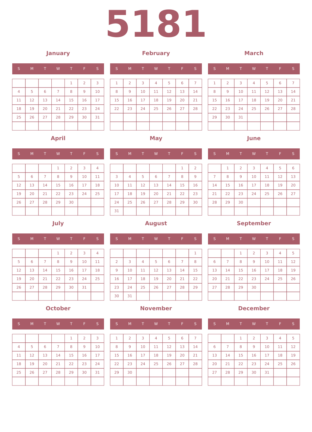 Printable 5181 Year Calendars puce