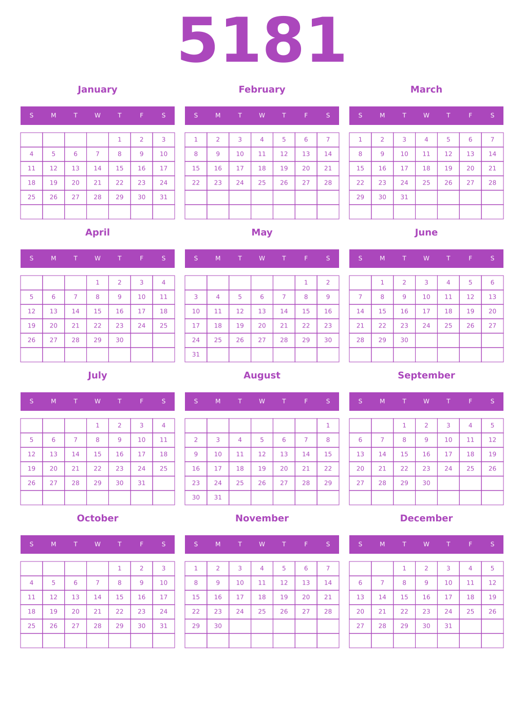 Printable 5181 Year Calendars purple