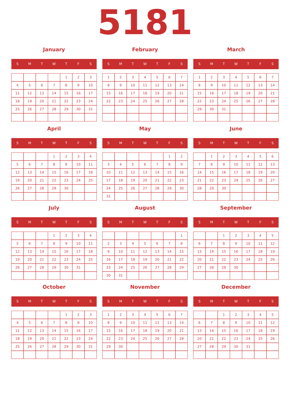 Printable 5181 Year Calendars red