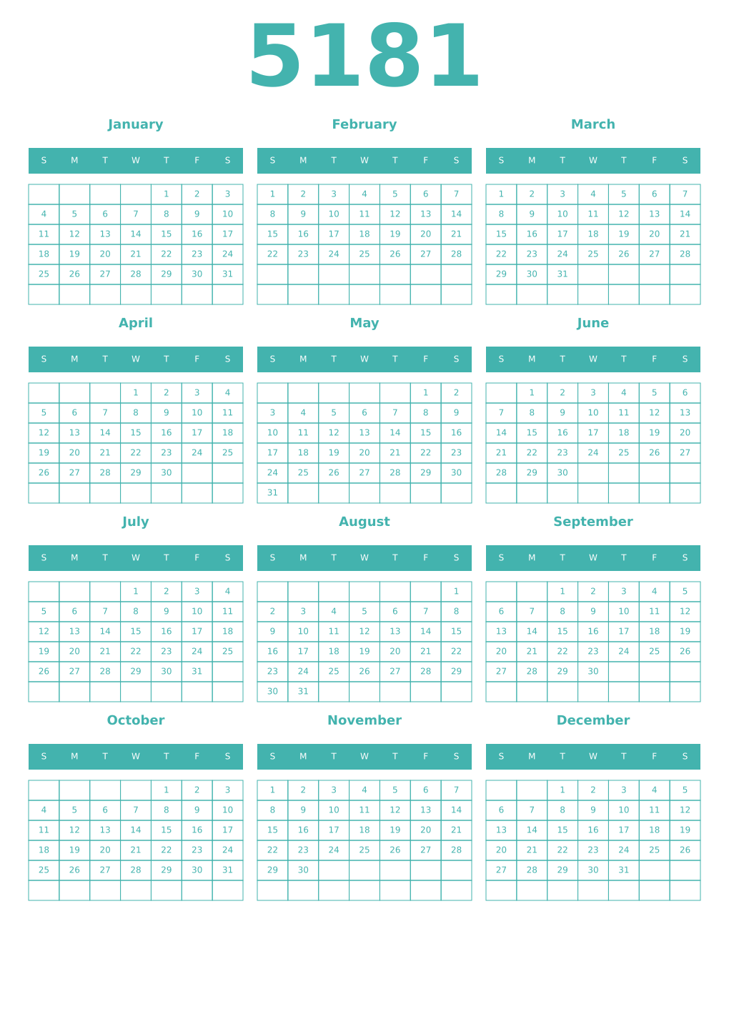 Printable 5181 Year Calendars verdigris