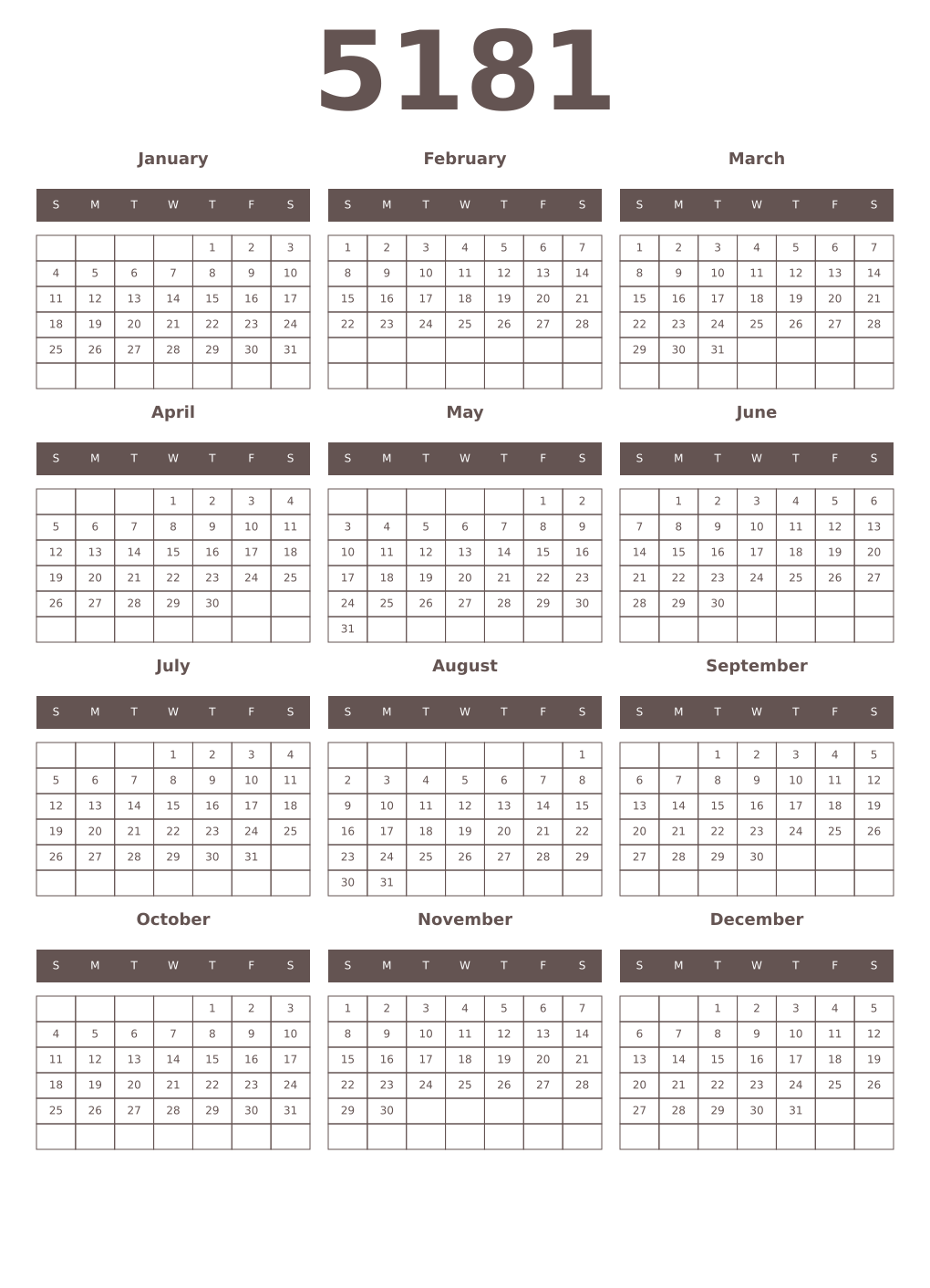 Printable 5181 Year Calendars wenge