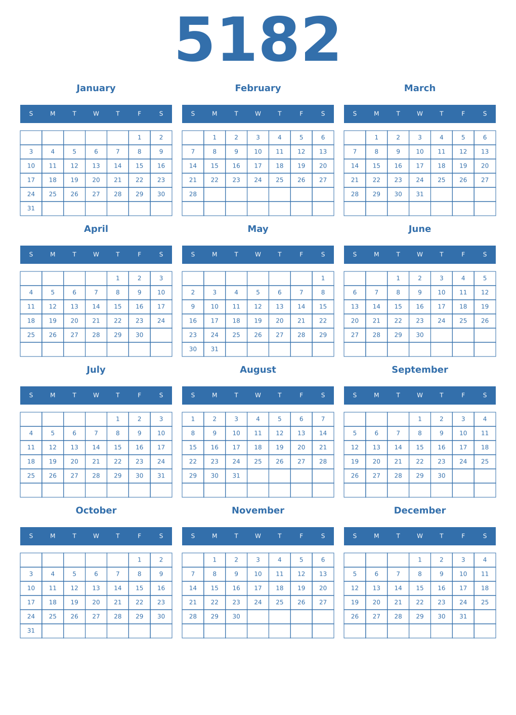 Printable 5182 Year Calendars blue