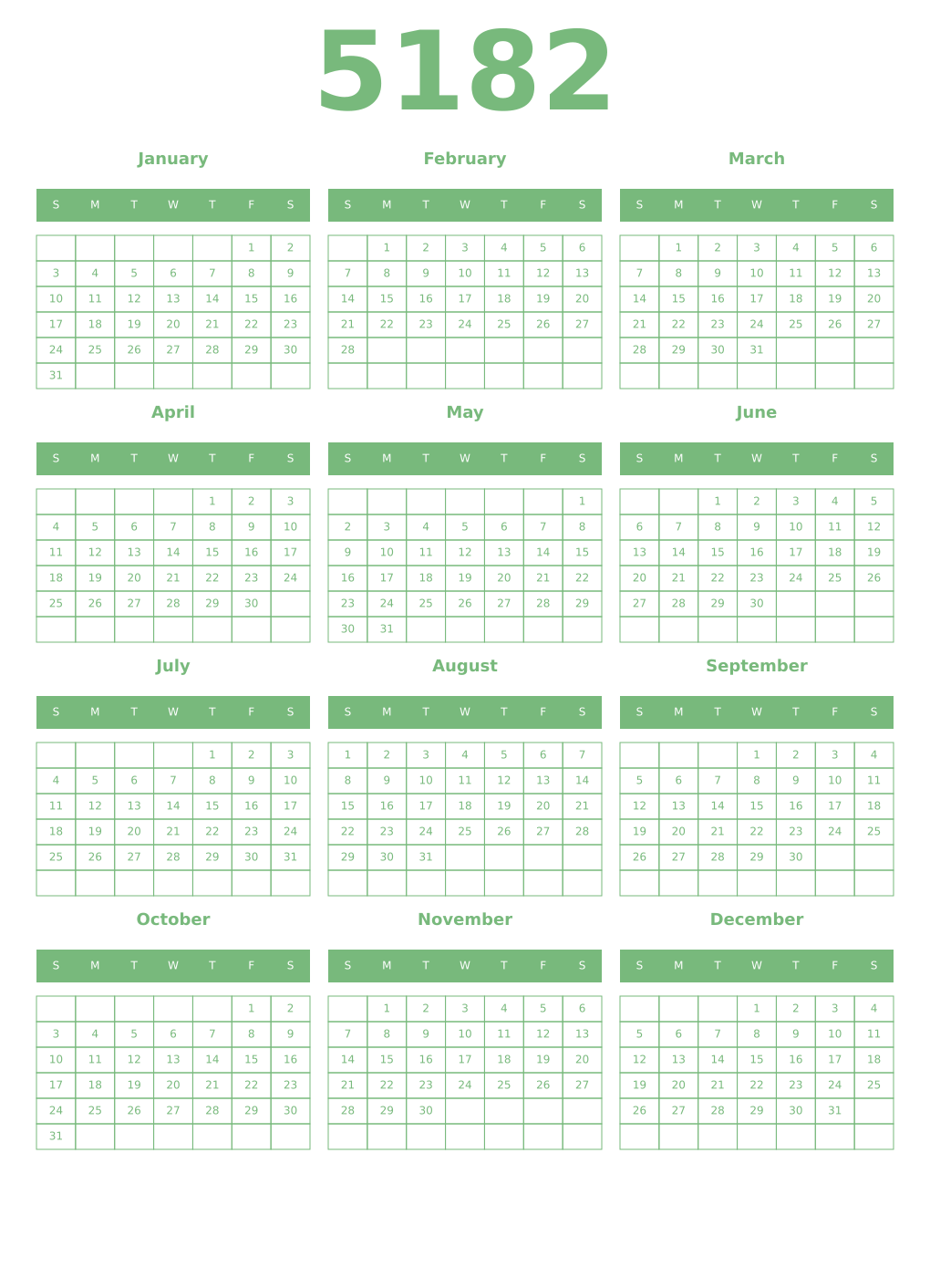 Printable 5182 Year Calendars celadon