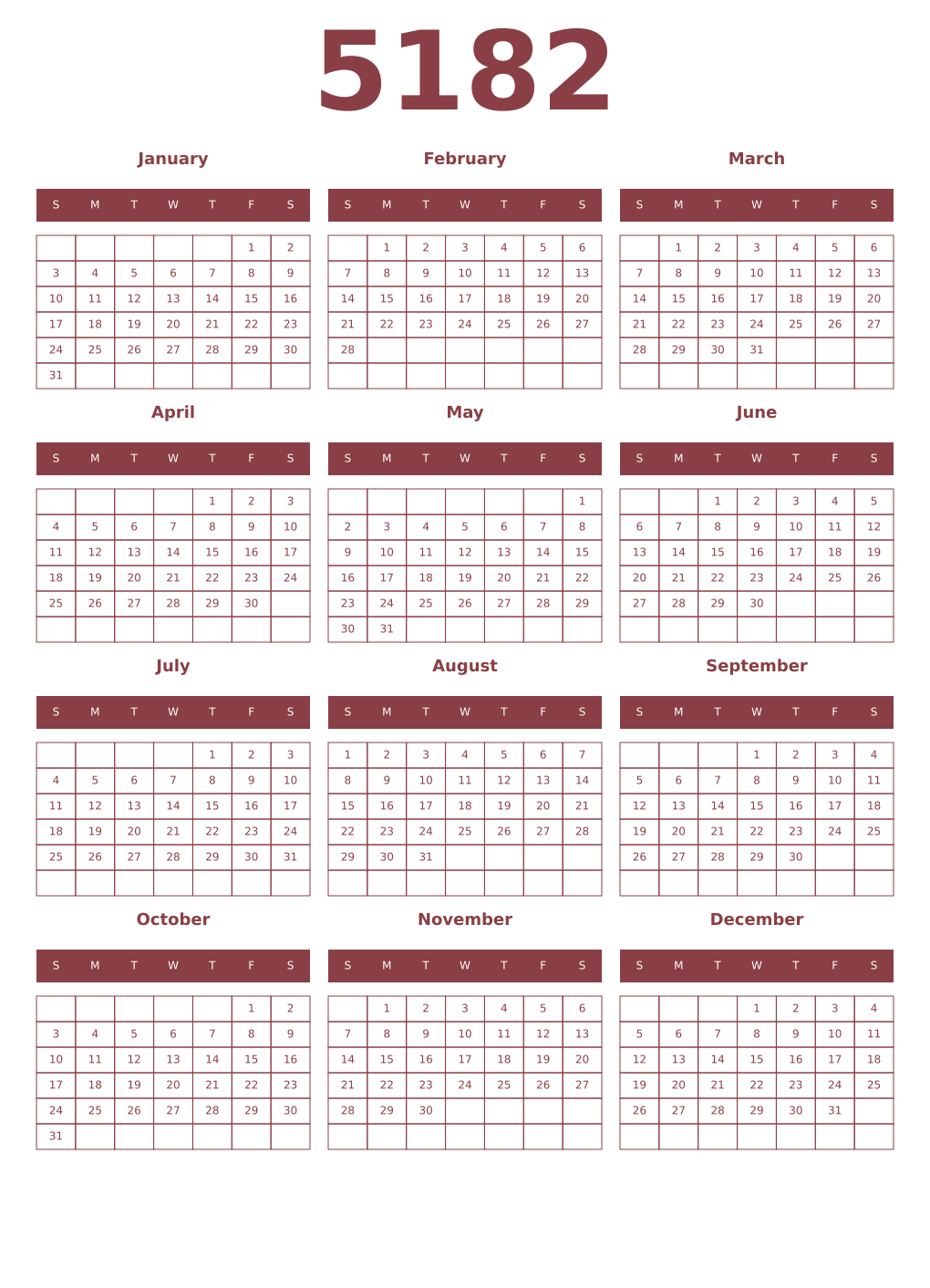 Printable 5182 Year Calendars cordovan