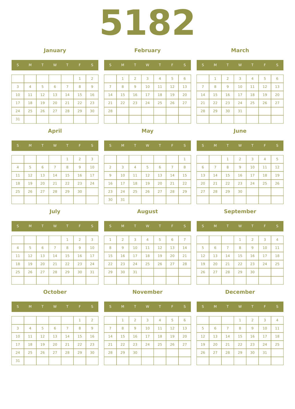 Printable 5182 Year Calendars eburnean