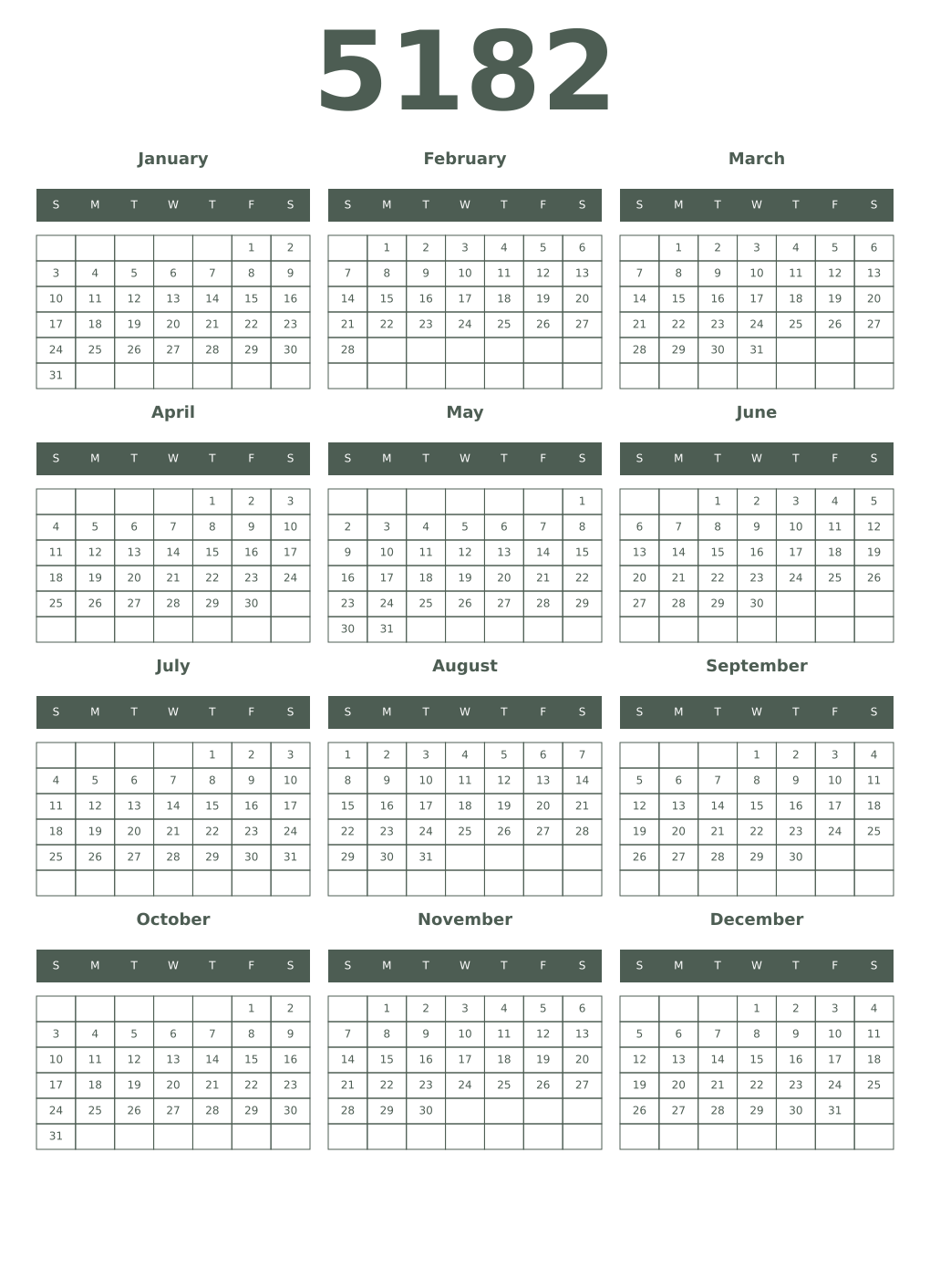 Printable 5182 Year Calendars feldgrau
