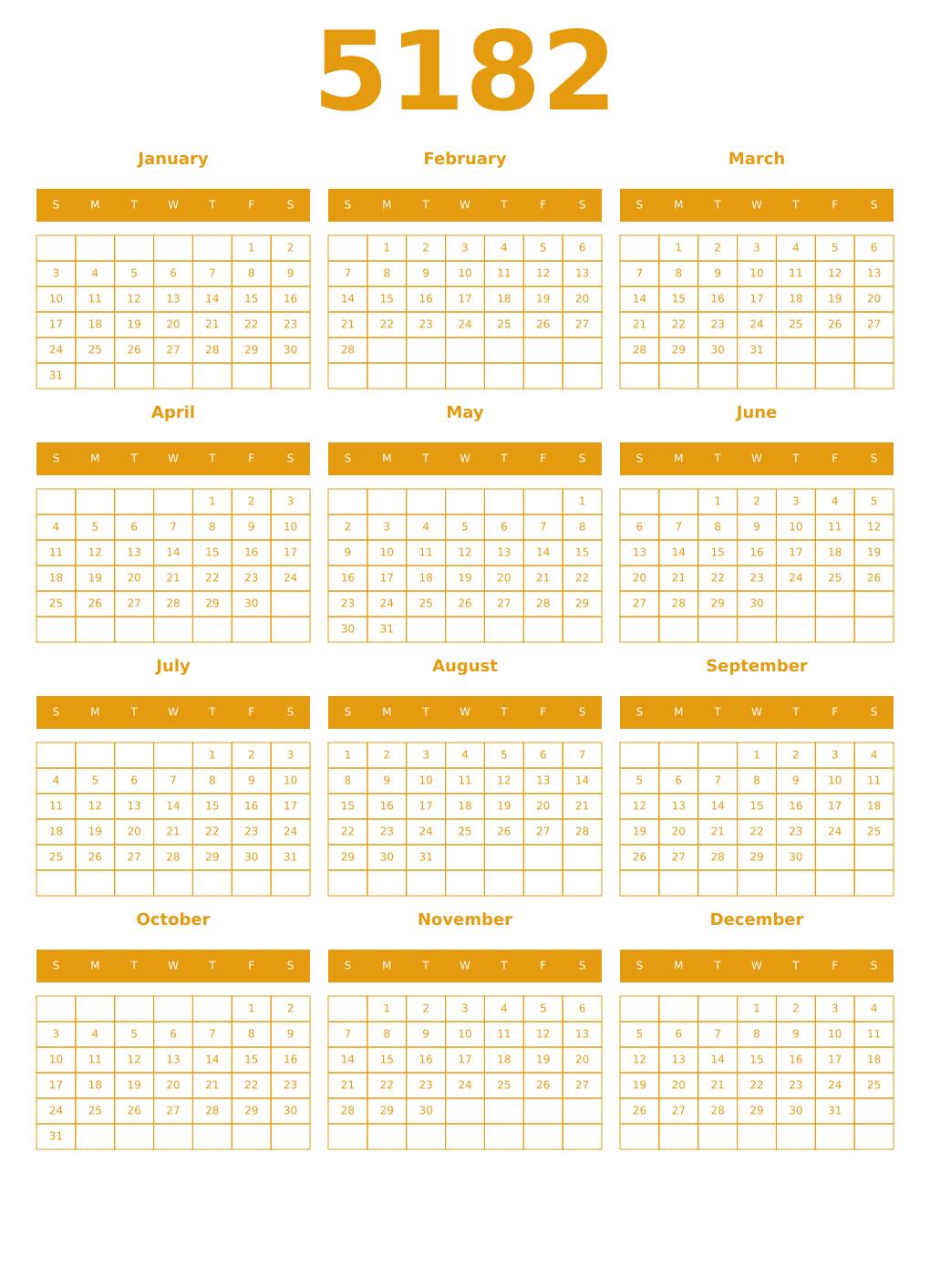 Printable 5182 Year Calendars gamboge