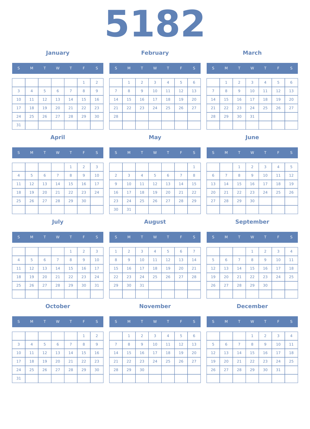 Printable 5182 Year Calendars glaucous