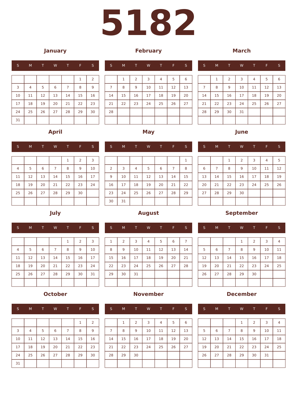 Printable 5182 Year Calendars mortuum