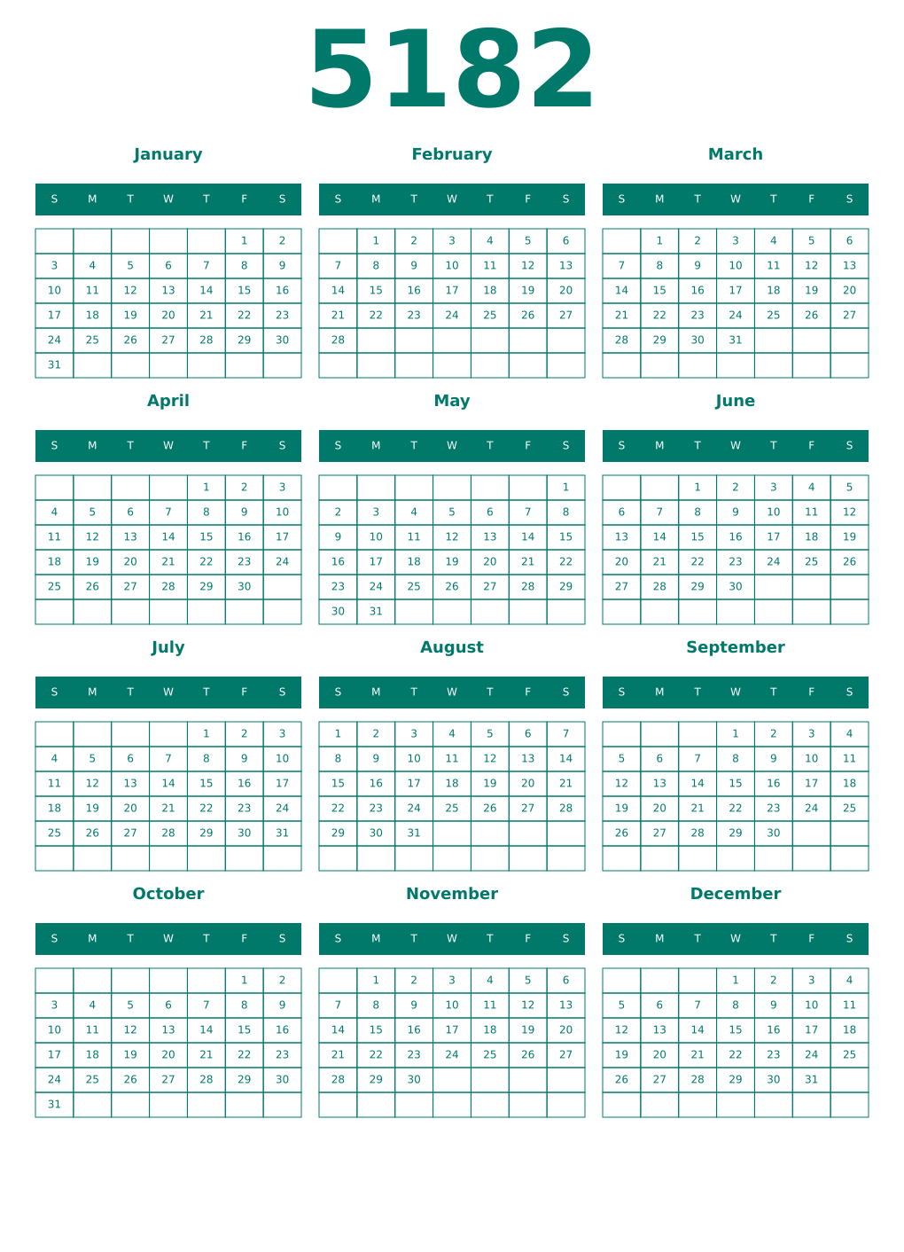 Printable 5182 Year Calendars pastel