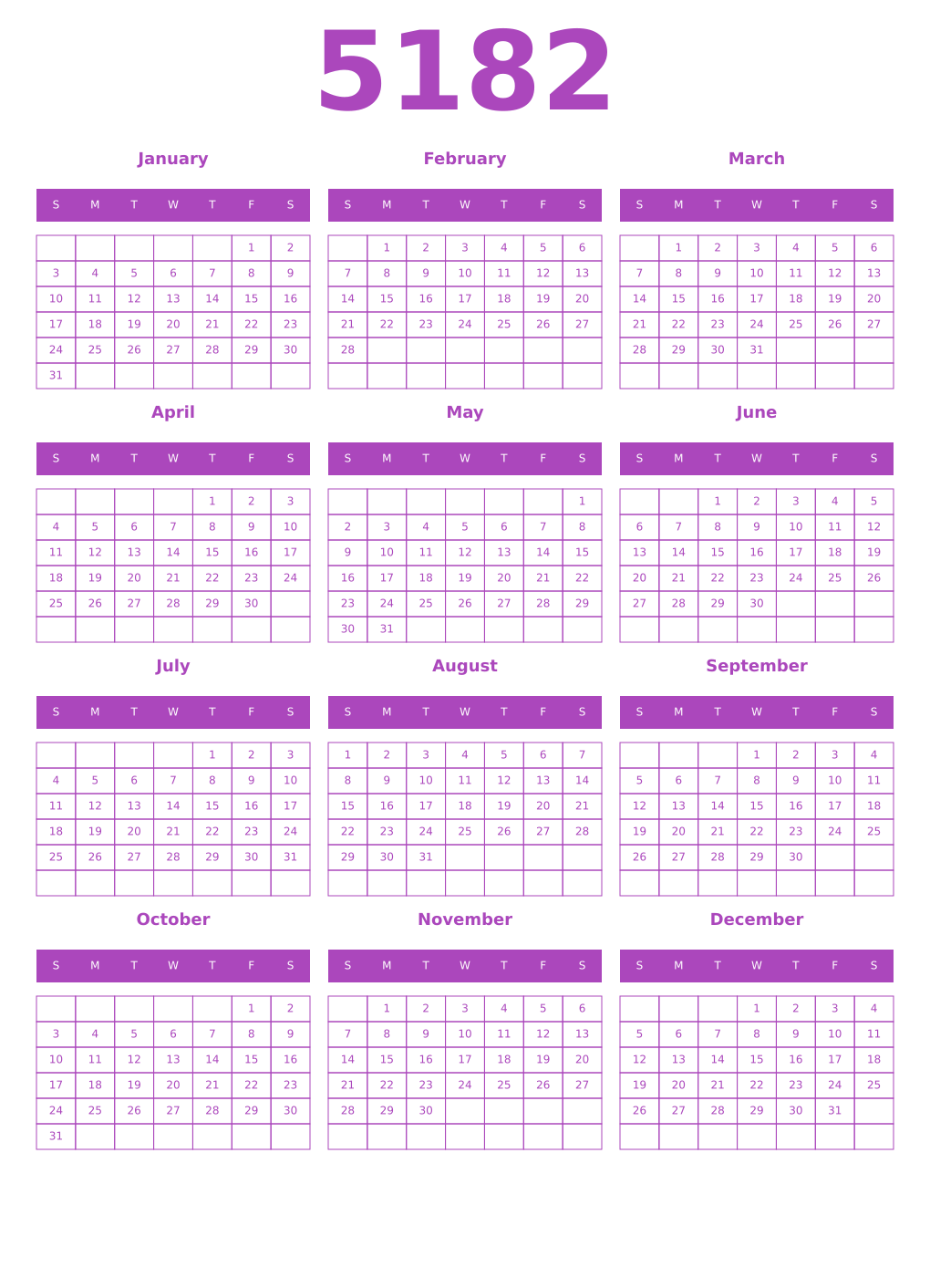Printable 5182 Year Calendars purple