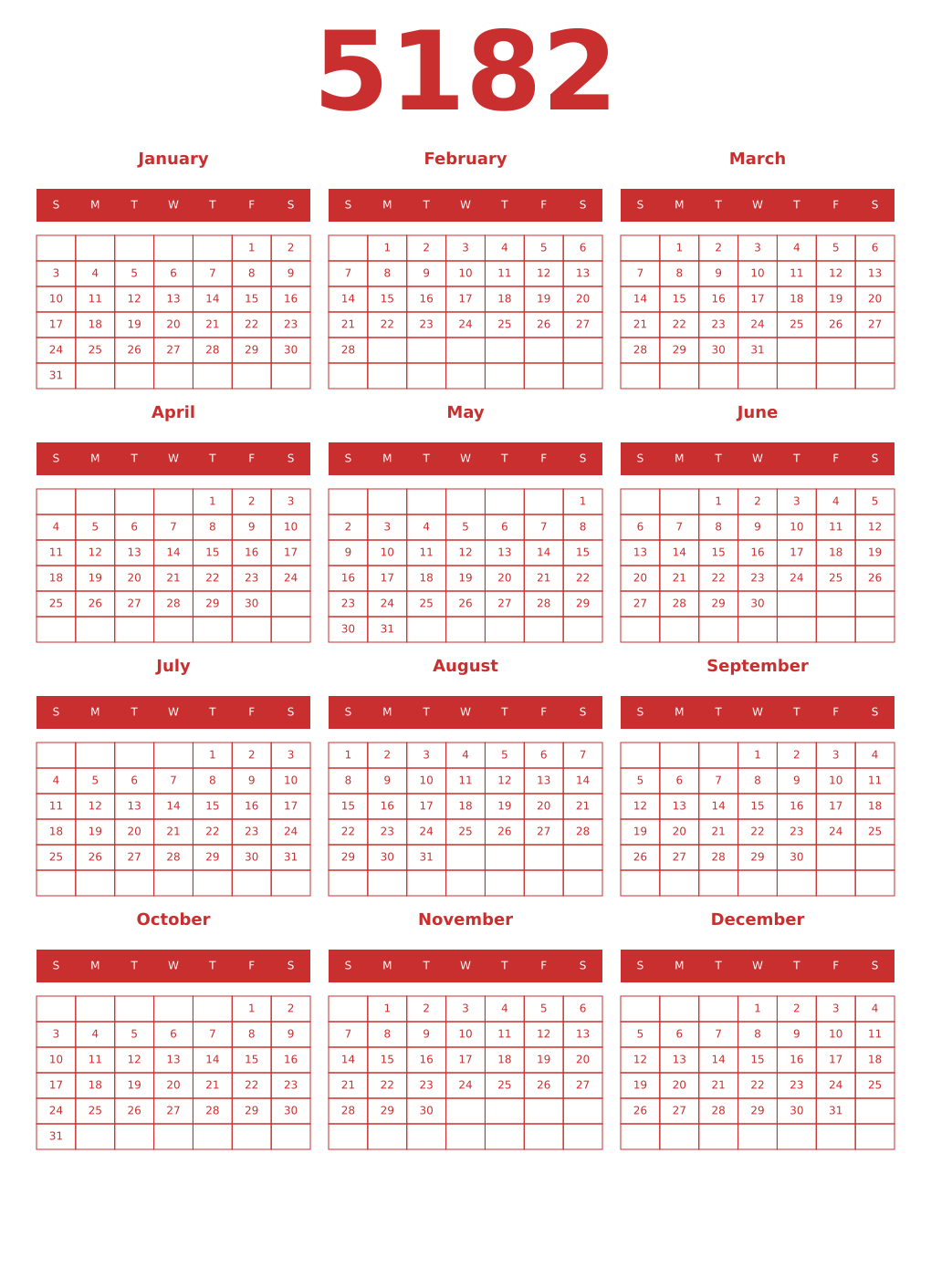 Printable 5182 Year Calendars red