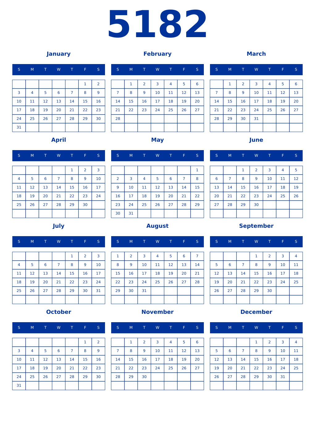 Printable 5182 Year Calendars smalt