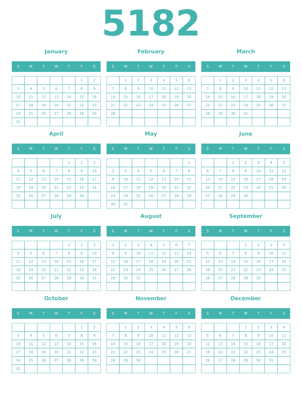 Printable 5182 Year Calendars verdigris
