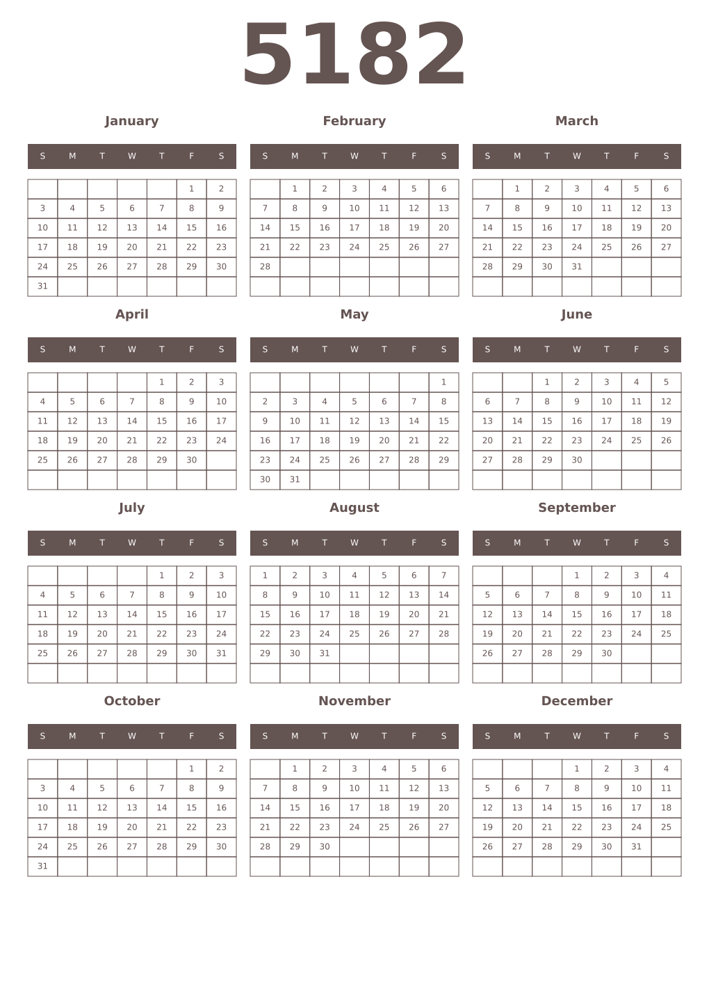 Printable 5182 Year Calendars wenge