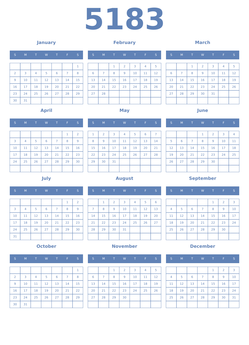 Printable 5183 Year Calendars glaucous