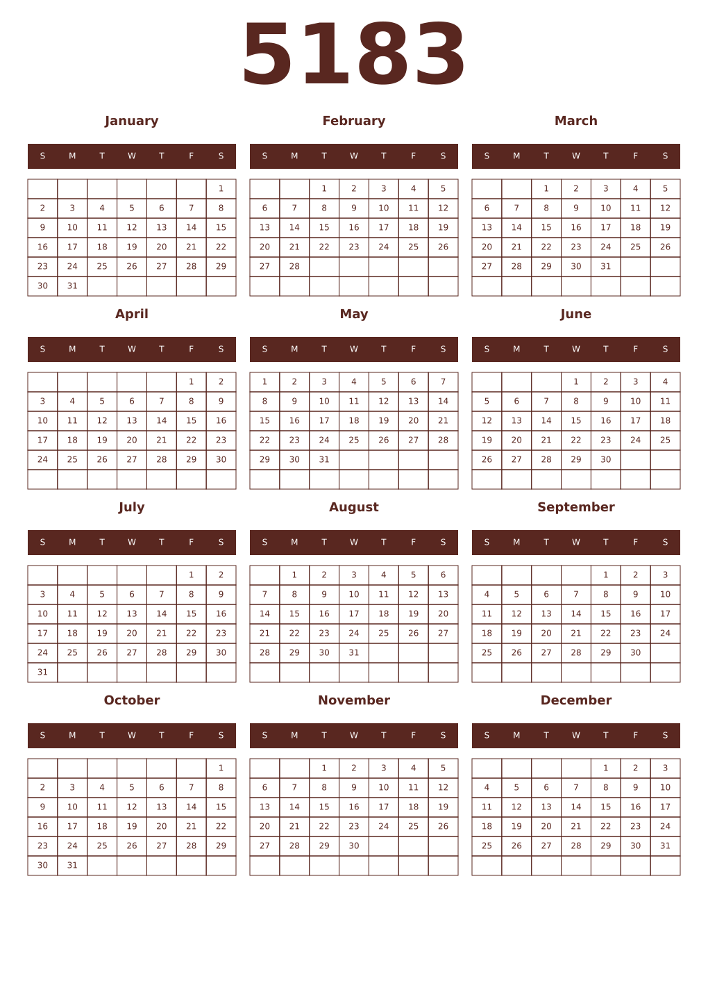 Printable 5183 Year Calendars mortuum