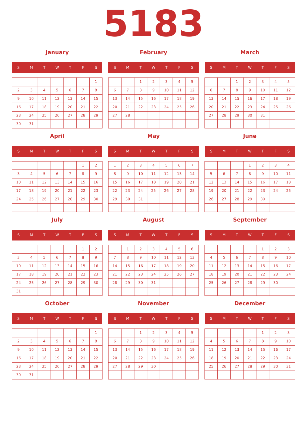 Printable 5183 Year Calendars red