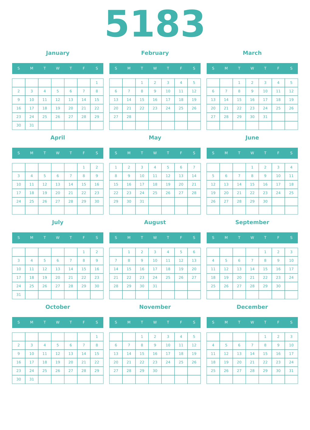 Printable 5183 Year Calendars verdigris