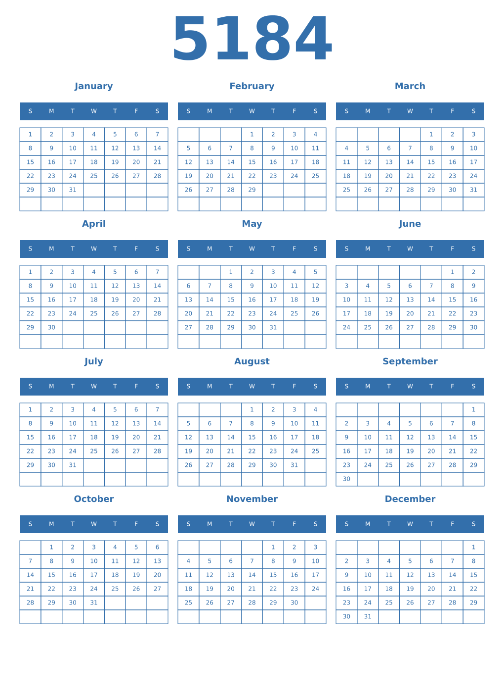 Printable 5184 Year Calendars blue