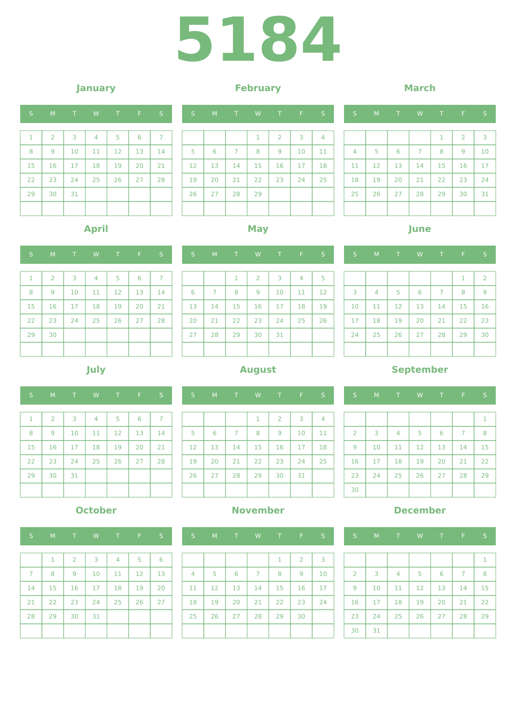 Printable 5184 Year Calendars celadon