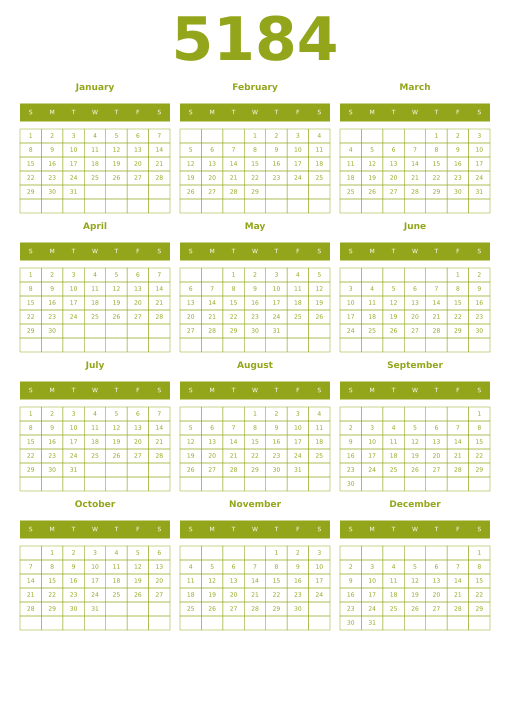 Printable 5184 Year Calendars chartreuse