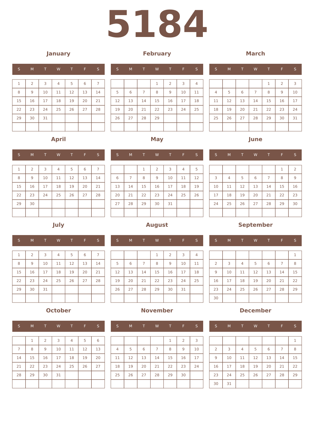 Printable 5184 Year Calendars coffe