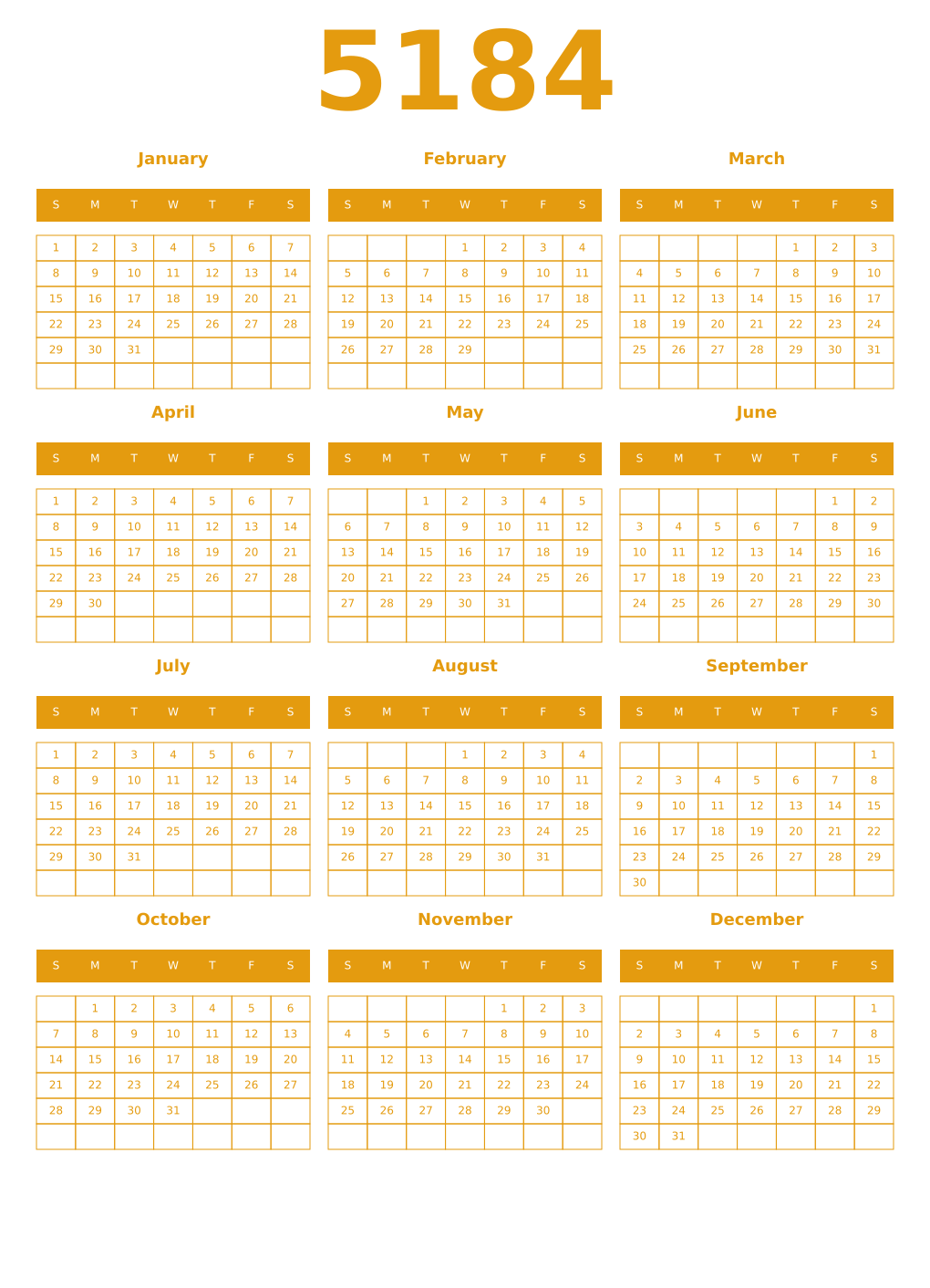 Printable 5184 Year Calendars gamboge