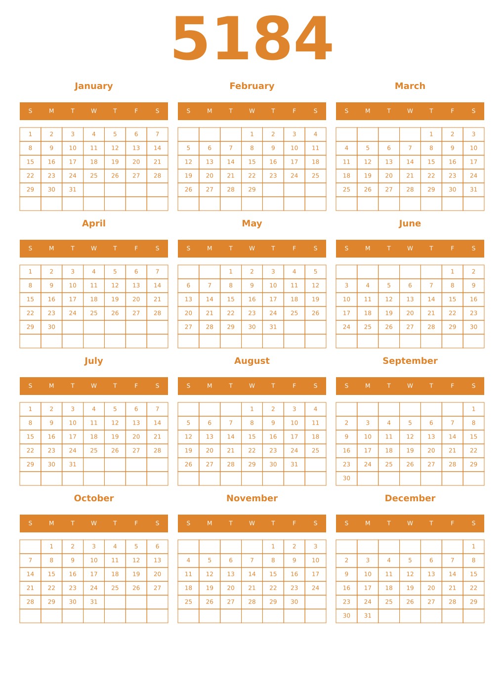 Printable 5184 Year Calendars orange