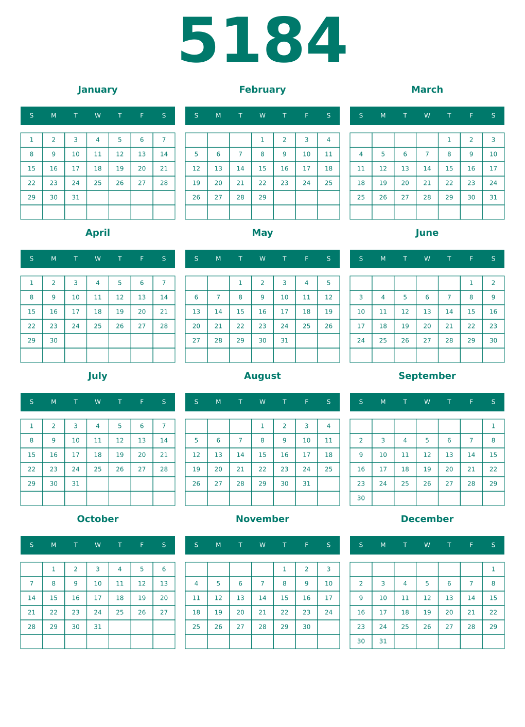 Printable 5184 Year Calendars pastel
