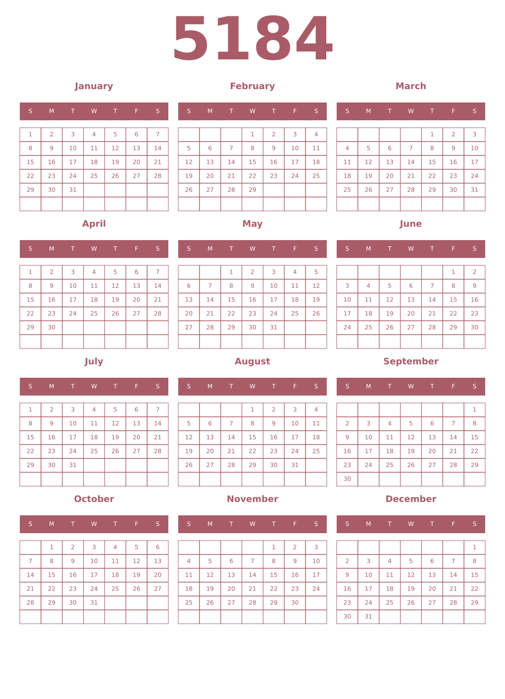 Printable 5184 Year Calendars puce