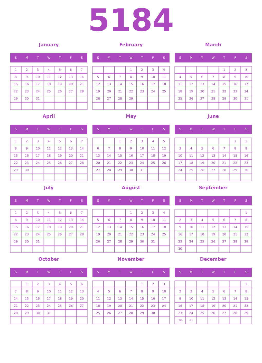 Printable 5184 Year Calendars purple