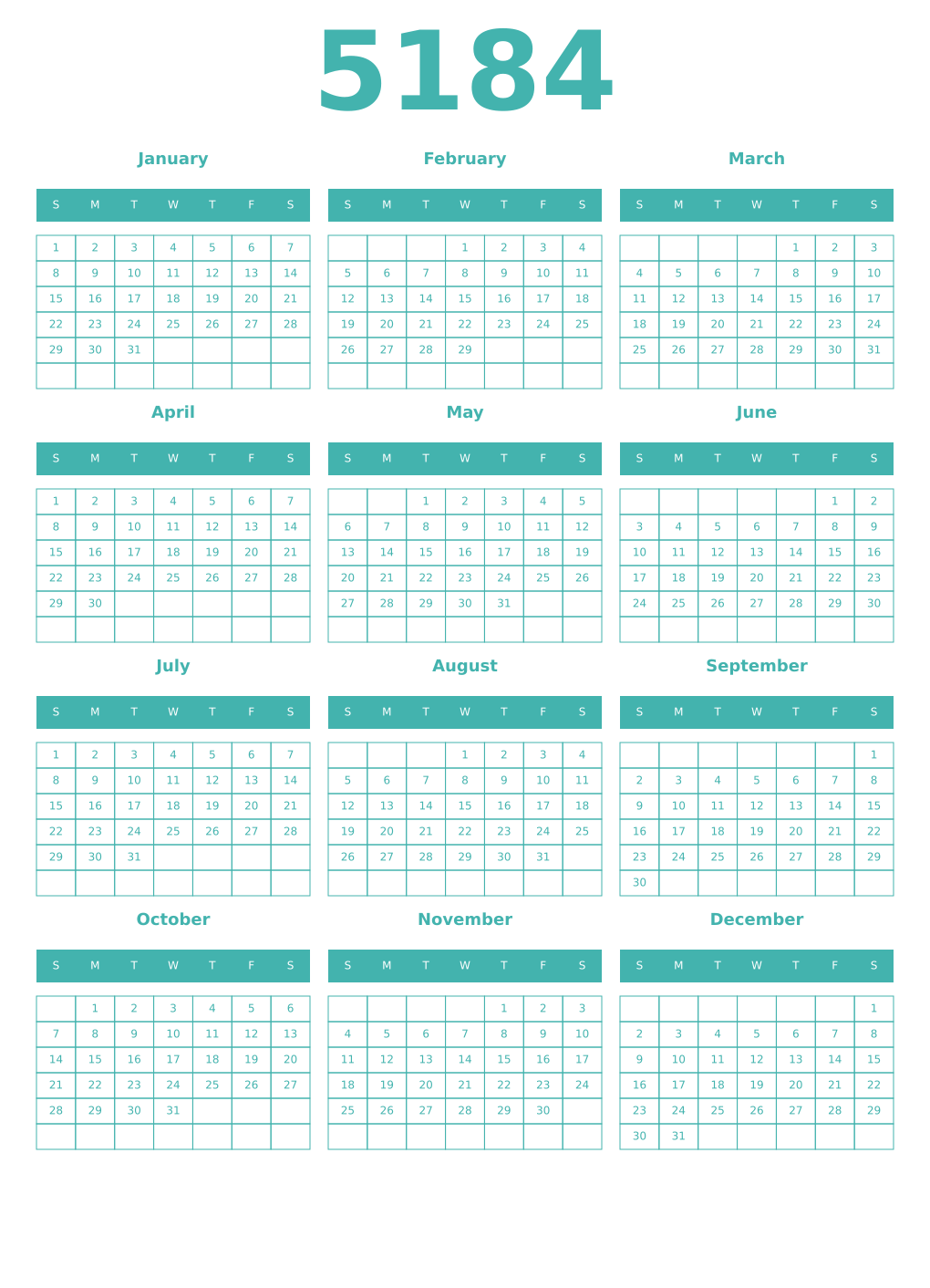 Printable 5184 Year Calendars verdigris