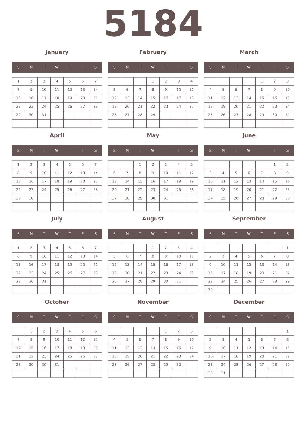 Printable 5184 Year Calendars wenge